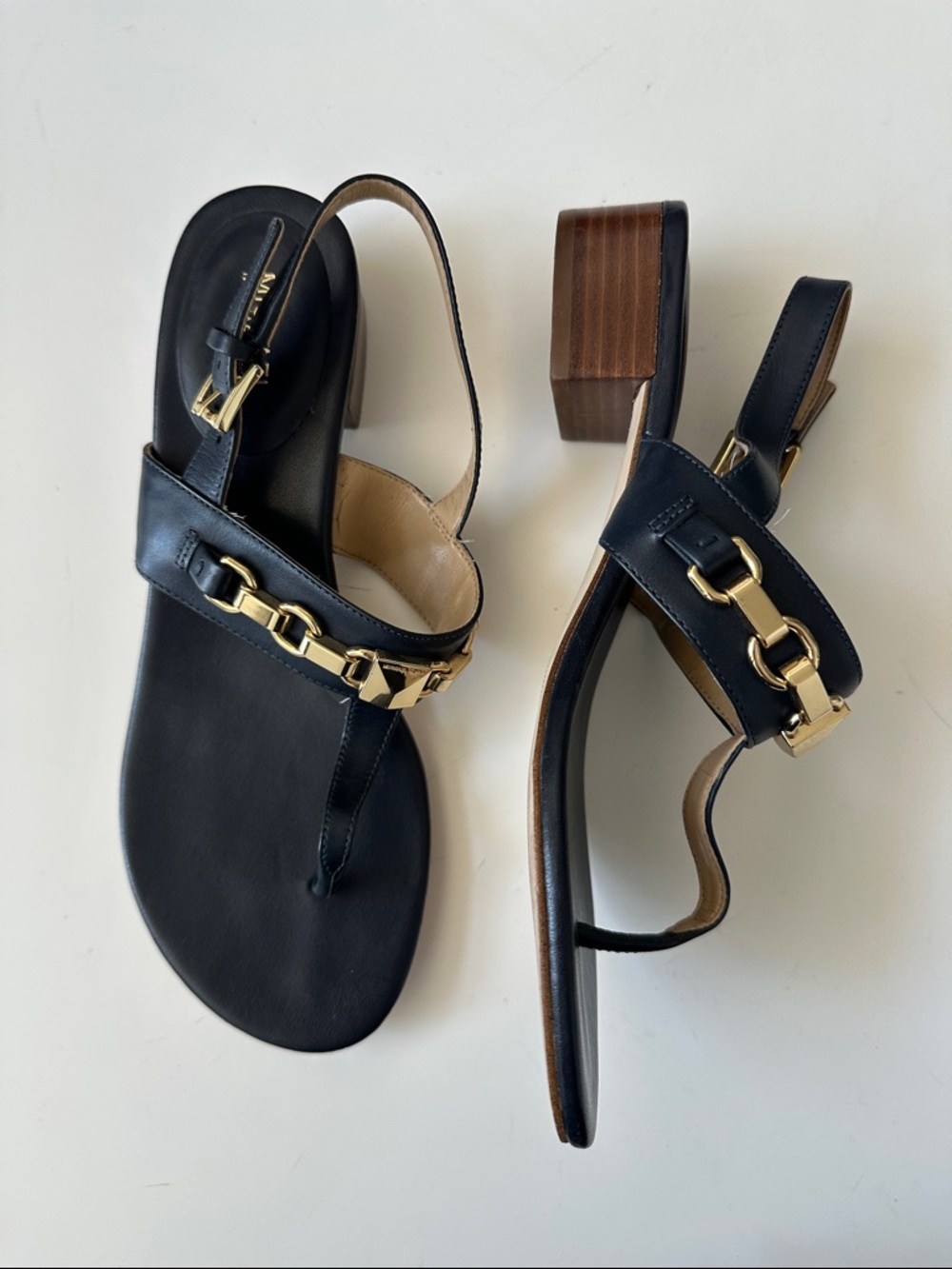 MICHAEL Michael Kors Black Leather Thong Sandals with Gold Chain Detail